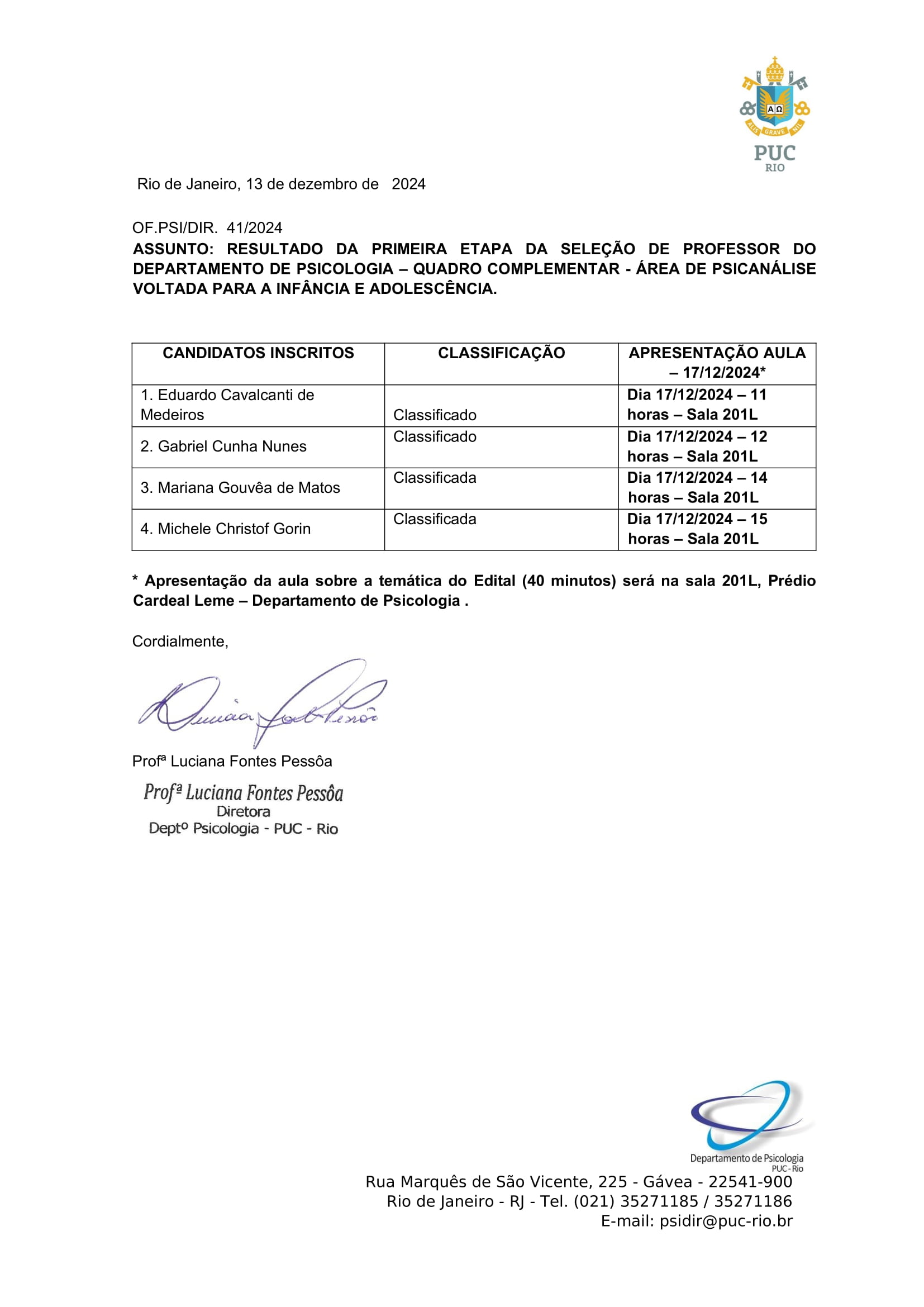 OF PSI 41 2024 RESULTADO SELEÇÃO PROF. ÁREA DE PSICANÁLISE 1 1