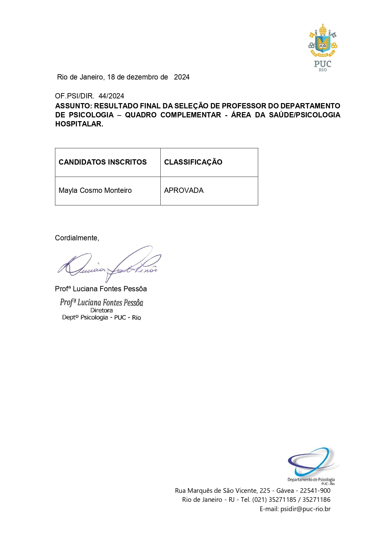 OF PSI 44 2024 RESULTADO FINAL SELEÇÃO PROF. SAUDE PSICOLOGIA HOSPITALAR 1 page 0001