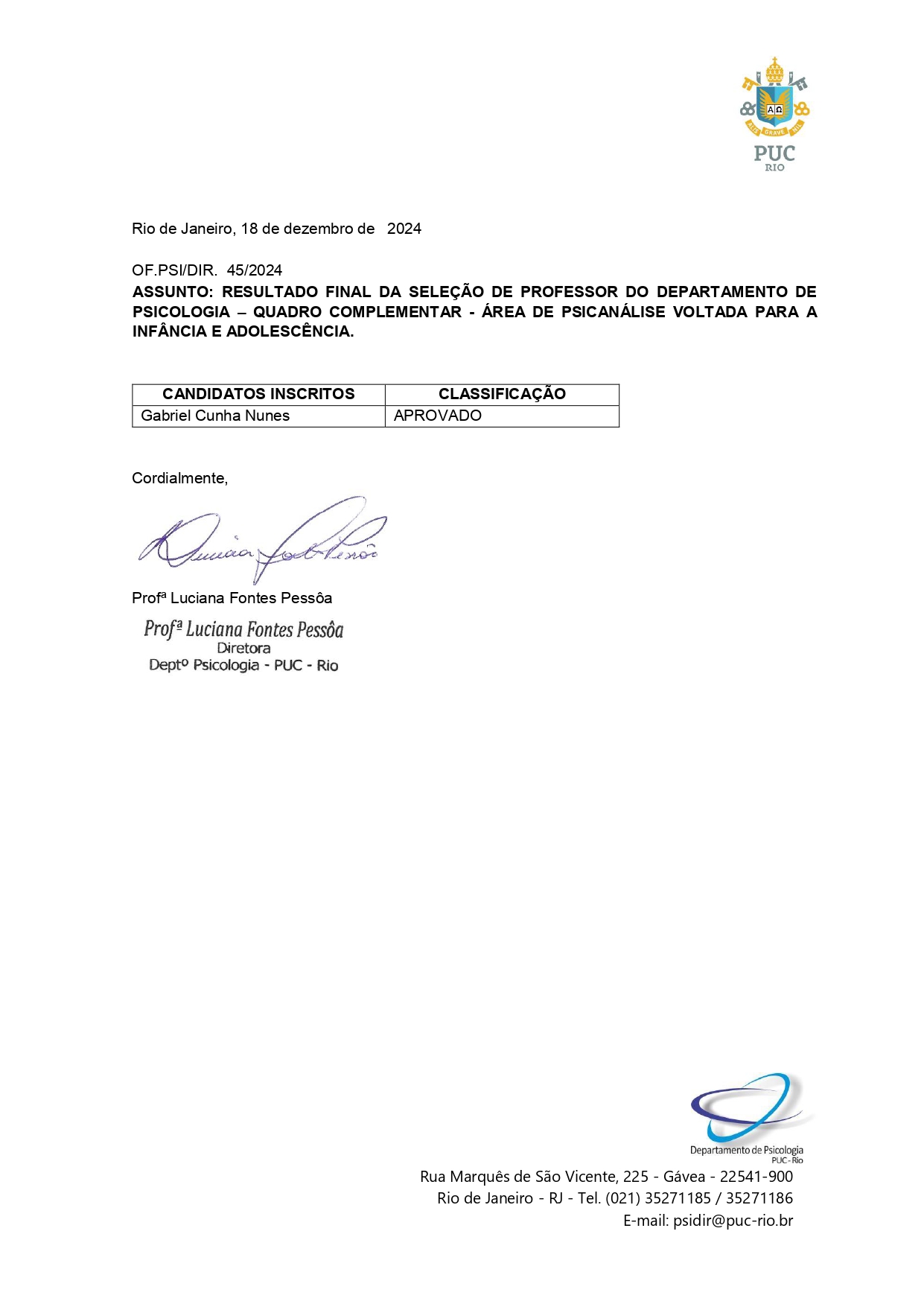 OF PSI 45 2024 RESULTADO FINAL SELEÇÃO PROF. ÁREA DE PSICANÁLISE 1 page 0001